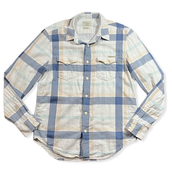 Lucky Brand Basic Western Flannel Blue & Cream Mens Button Down sz M - Picture 12 of 13